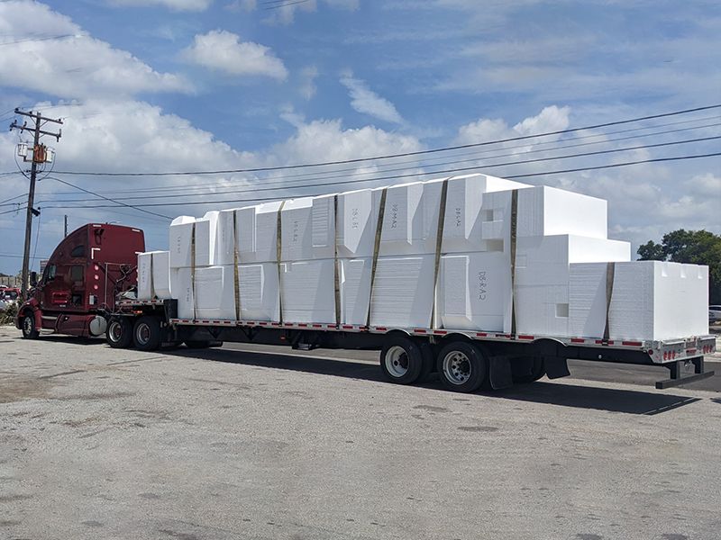 Truck full of EPS expanded polystyrene foam for concrete floating docks