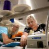 Workers sewing fabricate for making bean bags